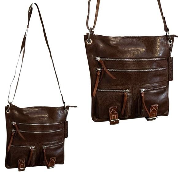 Nino Bossi Brown Crossbody Modern Bag Purse Multiple Zipper Compartments-NWOT - Picture 1 of 16